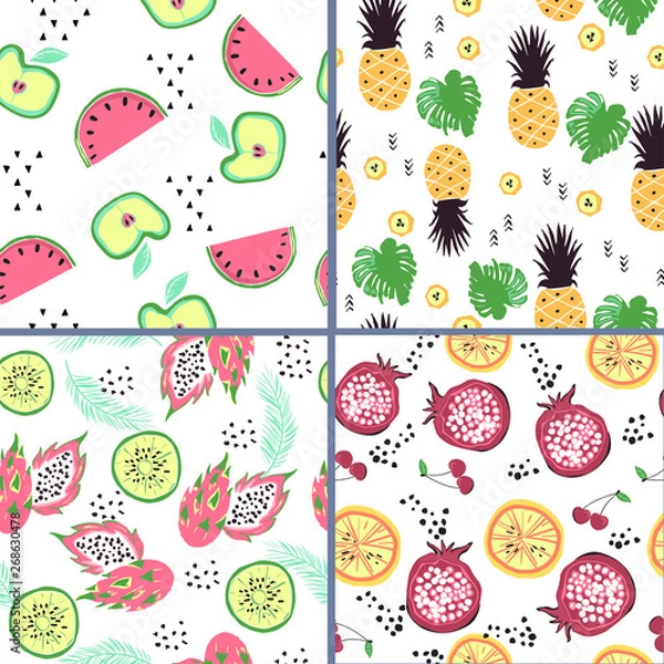 Fototapeta Set of four seamless patterns with bright doodle style fruits
