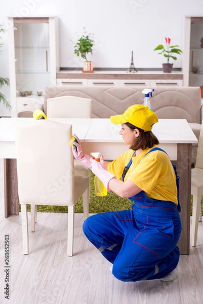 Obraz Old female contractor doing housework 