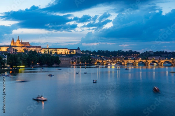 Fototapeta Vltava river with Charles bridge and Prague castle