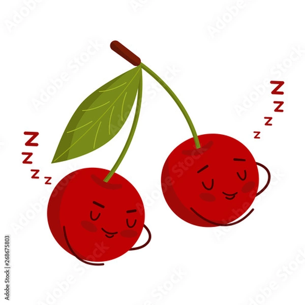 Obraz Character cherry is sleeping and snoring. Cherry berries sleep together, putting his hand under his head.