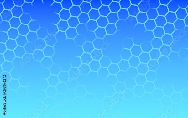 Fototapeta Translucent, with breaks, honeycomb on a gradient blue sky background. Perspective view on polygon look like honeycomb. Isometric geometry. 3D illustration