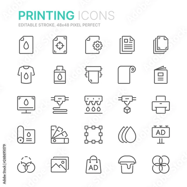 Fototapeta Collection of printing line icons. 48x48 Pixel Perfect. Editable stroke