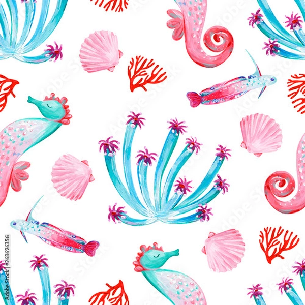 Fototapeta Gouache seamless pink and green undersea pattern with marine life. Hand-drawn clipart for art work and weddind design.
