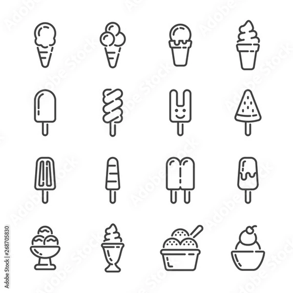Obraz Set of ice cream and popsicle outline icons. Vector illustration.