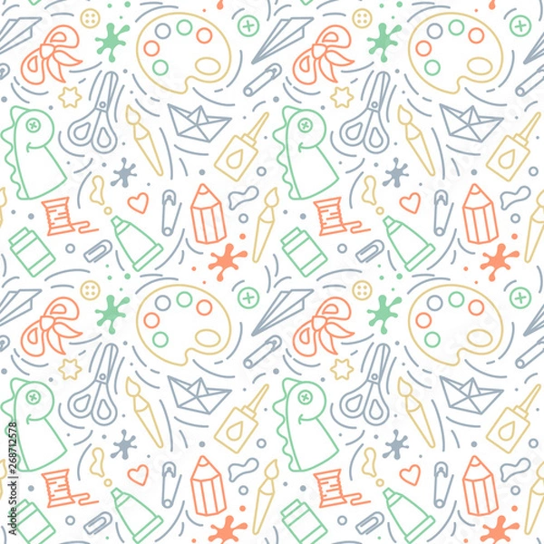 Fototapeta Repeating seamless pattern with elements for kids creative activity in doodle style. Suitable for wallpaper, wrapping or textile