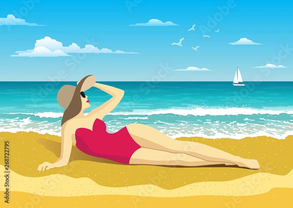 Fototapeta Girl on the beach. Seascape with waves, cloudy sky and seagulls. Yacht on the horizon. Tourism and travelling. Vector flat design