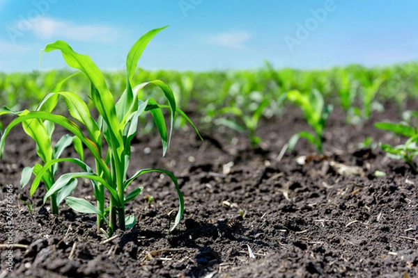 Obraz Closeup of green corn sprouts planted in neat rows against a blue sky. Copy space, space for text. Agriculture. Ukraine
