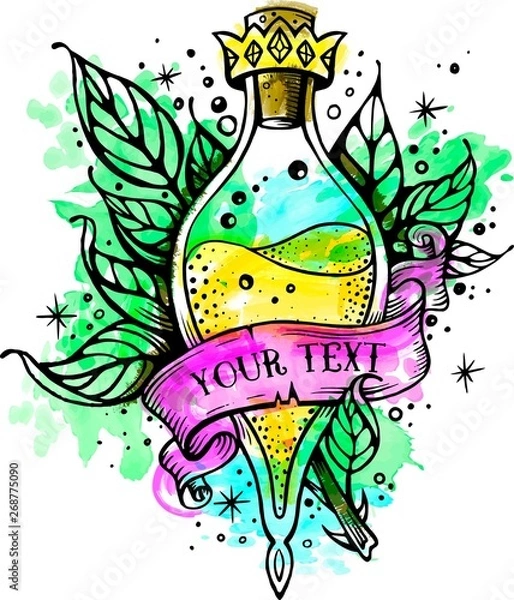Obraz Witch and magic flask potion item illustration. Line art potion of good luck. Watercolor tattoo. Vector