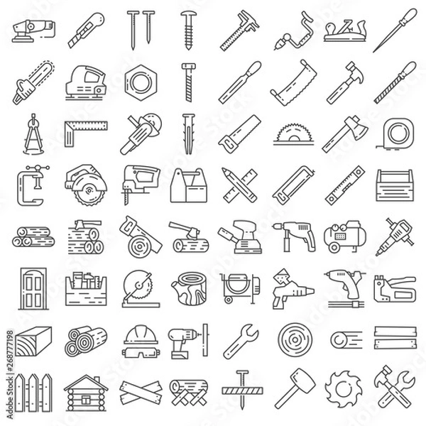 Fototapeta Carpentry industry equipment icons flat set with toolbox furniture vector illustration