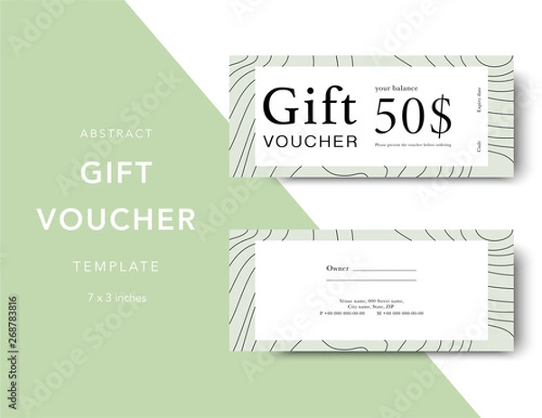 Fototapeta Gift voucher card template. Modern discount coupon for shopping with abstract lines. Modern fashion background design with information sample text. Coupon template for gift and shopping.