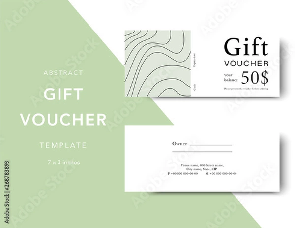 Fototapeta Gift voucher card template. Modern discount coupon for shopping with abstract lines. Modern fashion background design with information sample text. Coupon template for gift and shopping.