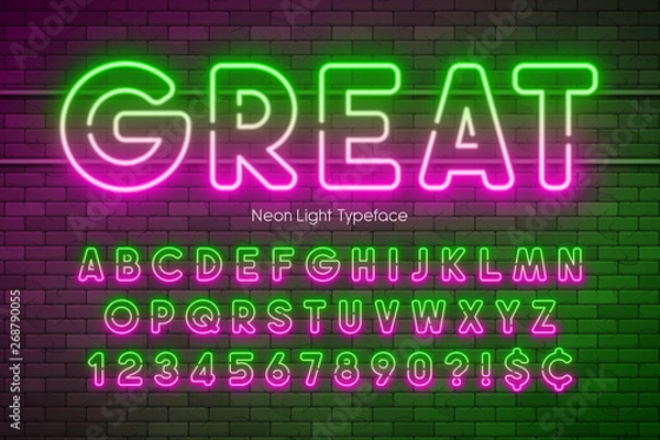 Fototapeta Neon light alphabet, multicolored extra glowing font.