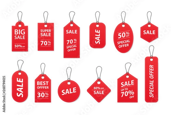 Fototapeta Set of sale tags and labels, template shopping labels. Blank, discount and price tags on paper. Special offer. Vintage. Vector illustration.