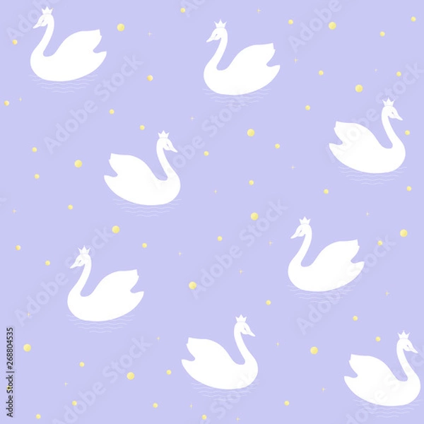 Fototapeta Swans. Seamless vector pattern of cartoons white birds on a colored background with golden confetti.