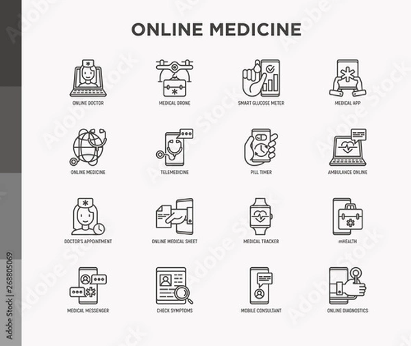 Fototapeta Online medicine, telemedicine thin line icons set: pill timer, ambulance online, medical drone, medical tracker, mHealth, messenger, check symptoms, mobile consultant. Modern vector illustration.