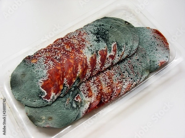 Obraz Rotten mouldy salami in packet