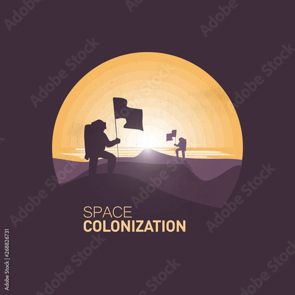 Fototapeta Space colonization.Astronaut holds flag on a hill in the desert.Negative space illustration