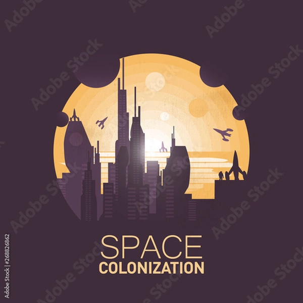 Fototapeta Space colonization.Big colony base in the desert.Negative space illustration
