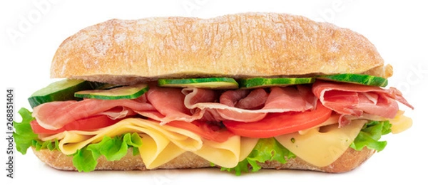 Obraz Ciabatta sandwich with lettuce, tomatoes prosciutto and cheese isolated on white background