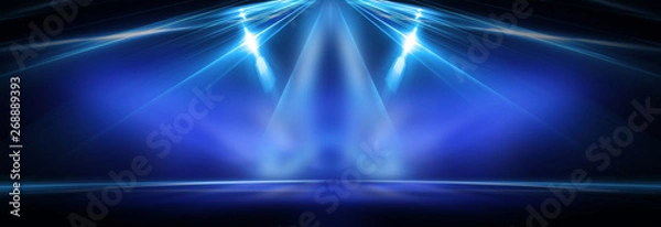 Fototapeta Empty stage, blue neon, abstract blue background. Rays of searchlights, light, abstract tunnel, corridor.