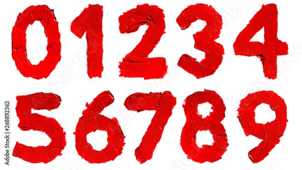 Obraz Set of numbers / digits made of smudged red lipstick isolated on white background