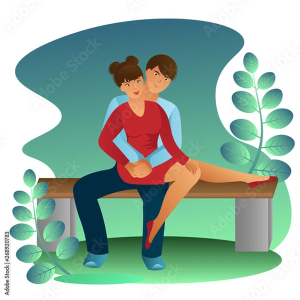 Obraz A young couple of lovers on a park bench. A girl in a red dress is sitting on the guy's lap. A man hugs his beloved woman by the waist. Template, color flat vector illustration.