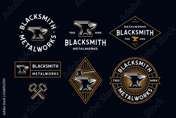 Fototapeta Blacksmith Logo Set Blue Background