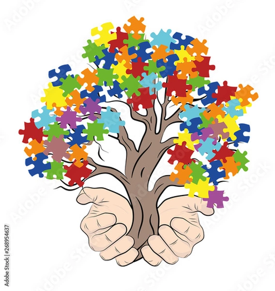Obraz hands holding a tree with puzzles. autism. vector illustration.