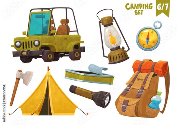 Obraz Car tent axe compas backpack flashlight camping set