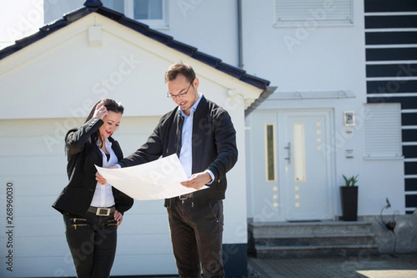 Fototapeta A real estate agent showing a customer house plan in front of the house