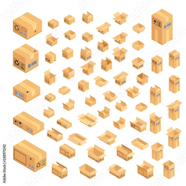 Fototapeta Set of isometric cardboard boxes. Delivery box package. Vector illustration isolated on white background.