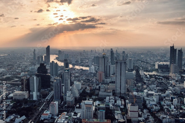 Obraz Above view of Sunset on Crowded building with Chao Phraya river at Bangkok