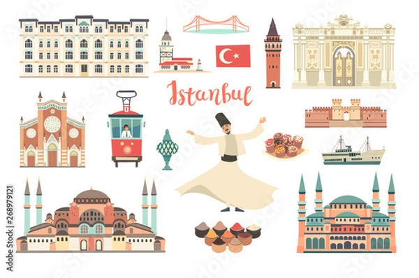 Fototapeta Istanbul City colorful vector collection. Istanbul building and landmarks. Mosque, Temple cartoon style. Bridge and Palace icon. Turkish tram and dancer