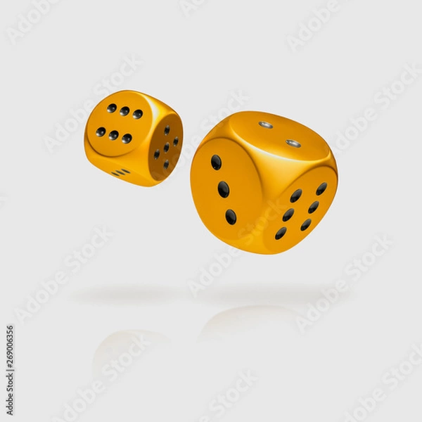 Fototapeta Flying golden dice isolated on white background. 3D rendering model illustration