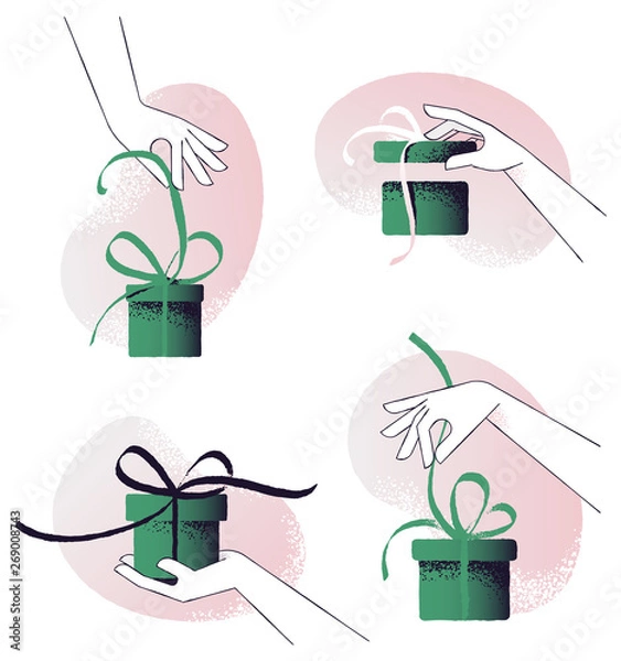 Fototapeta Perfect gift! Woman's hands holding a giftbox and a ribbon in various gestures, unbows a bow-knot. Hand-drawn flat style vector illustration. Iconic elements for vintage design.