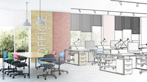 Fototapeta Modern office interior. Design project. Sketch. 3D rendering.