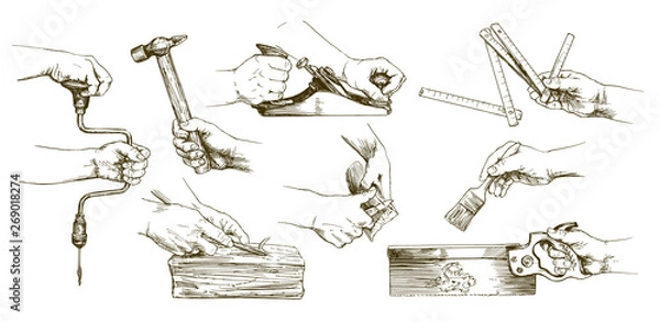 Obraz Carpenter hands working with a chisel and carving tools.