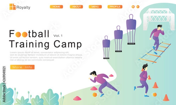 Fototapeta 3 methode soccer practice, dribble through cone hurdles, sprint through mini cone hurdles and agility ladder tools. goal and soccer wall. Vector illustration flat cartoon. website, landing page, ui