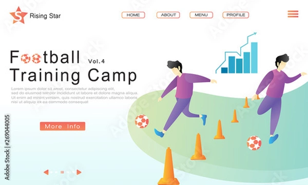 Fototapeta Football practice methode after dribbling past cones hardles and show developmental chart info. Flat vector cartoon illustration fro landing page, website, UI, homepage, UX, banner, web