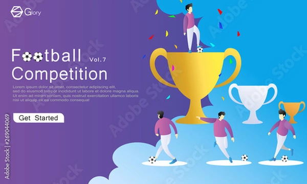 Fototapeta soccer competition with the concept of 3 trophies. gold, silver, bronze. first place is the champion. the team displays their playing style. web, landing page, flyer, banner. flat vector illustration