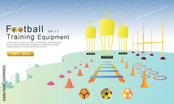 Fototapeta Football training equipment set flat cartoon vector illustration concept. soccer wall, ball, circle, cone, hurdles, agility ladder, mini cone, soccer barrier. used for landing page, web, banners