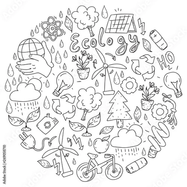 Obraz Vector logo, design and badge in trendy drawing style - zero waste concept, recycle and reuse, reduce - ecological lifestyle and sustainable developments icons on monochrome style.