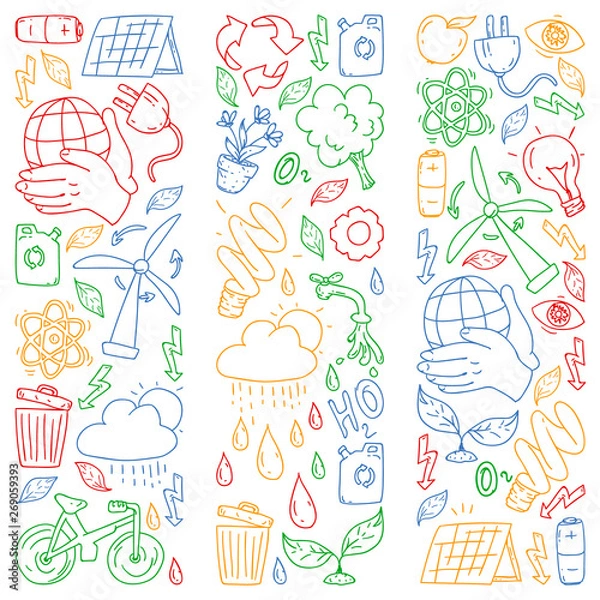 Fototapeta Vector logo, design and badge in trendy drawing style - zero waste concept, recycle and reuse, reduce - ecological lifestyle and sustainable developments icons.