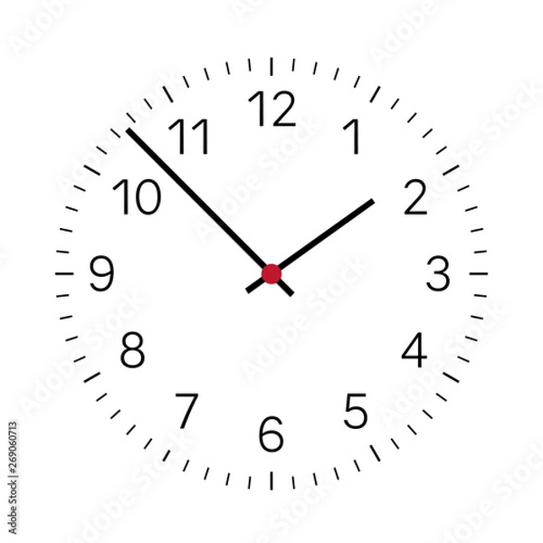 Fototapeta Realistic illustration of a clock face with black numbers and a clock and a red center. Isolated on white background, vector