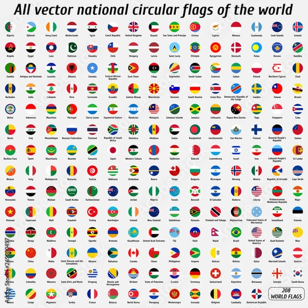 Obraz Wektor zbiór 208 okrągłych flag narodowych ze szczegółowymi symbolami świata