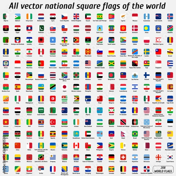 Obraz Wektor zbiory 208 narodowych flag kwadratowych ze szczegółowymi symbolami świata