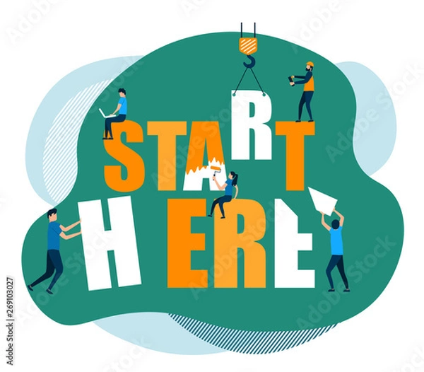 Fototapeta Vector design green orange color combination. Modern image start here with flat characters. Illustration concept for website.