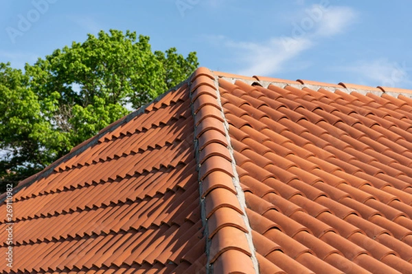 Obraz Orange roof tile pattern over blue and cloudy spring sky day and green tree in the background. The roof on modern house building. Close up