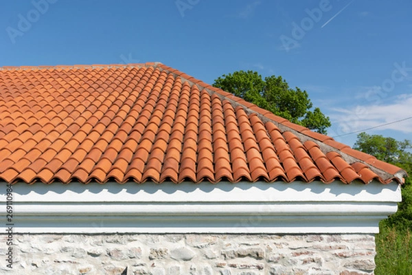 Fototapeta Red corrugated tile element of roof tile pattern over blue and cloudy spring sky day and green tree in the background. The roof on modern house building. Close up, selective focus
