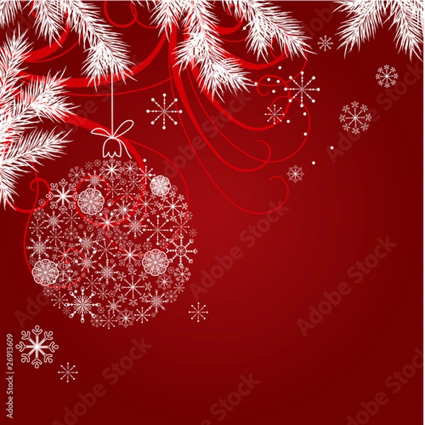 Obraz Red christmas background with hanging ball